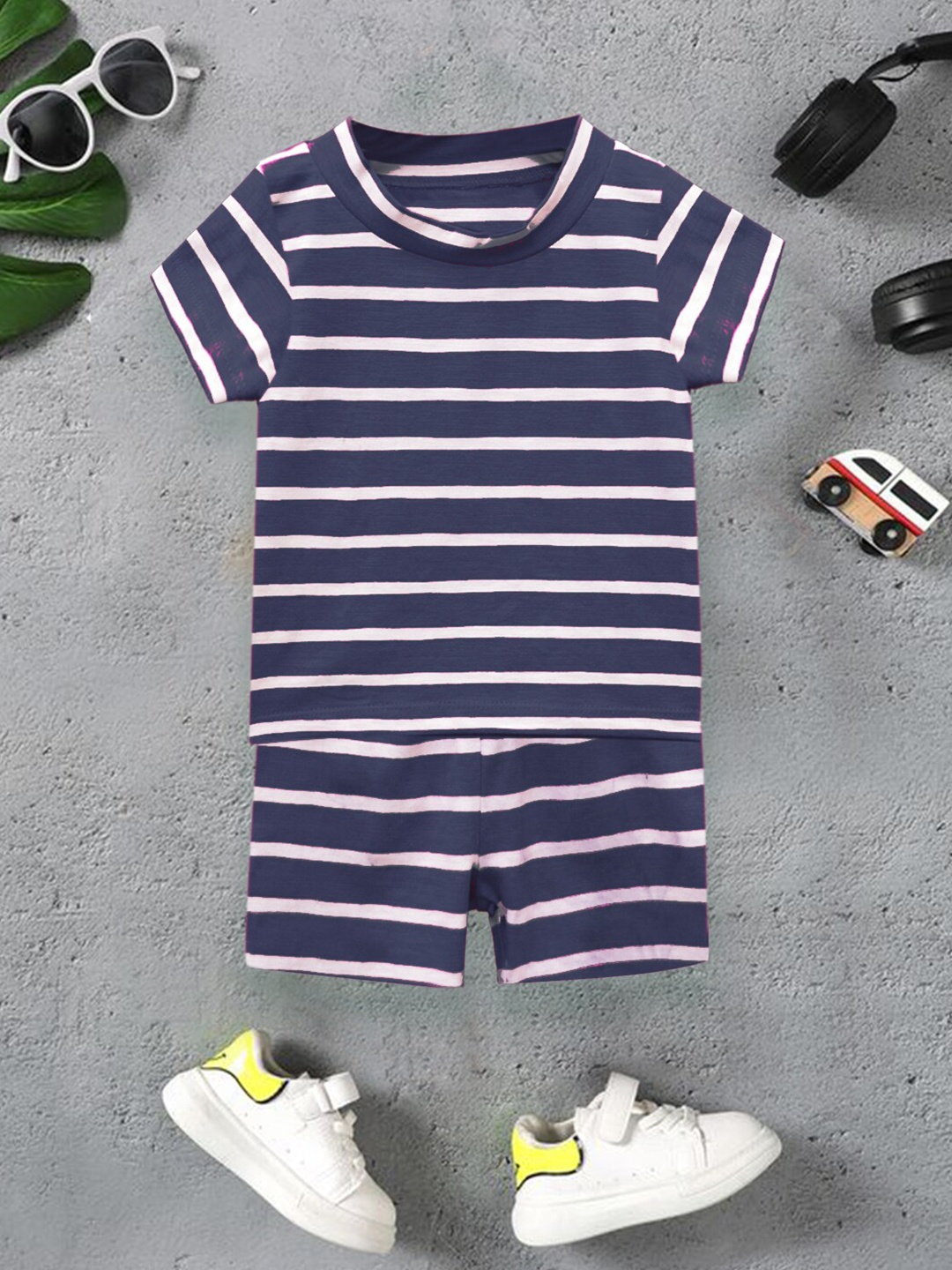 

A.T.U.N. Boys Striped Pure Cotton T-shirt With Shorts, Navy blue