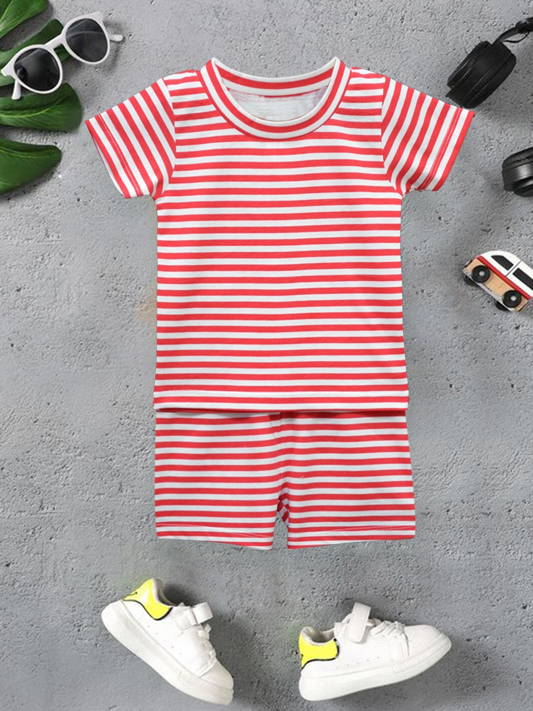 

A.T.U.N. Boys Striped Round Neck Pure Cotton T-shirt With Short, Red