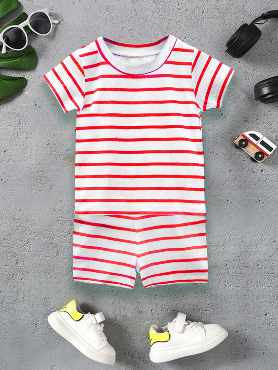 

A.T.U.N. Boys Striped Pure Cotton T-shirt With Shorts, White