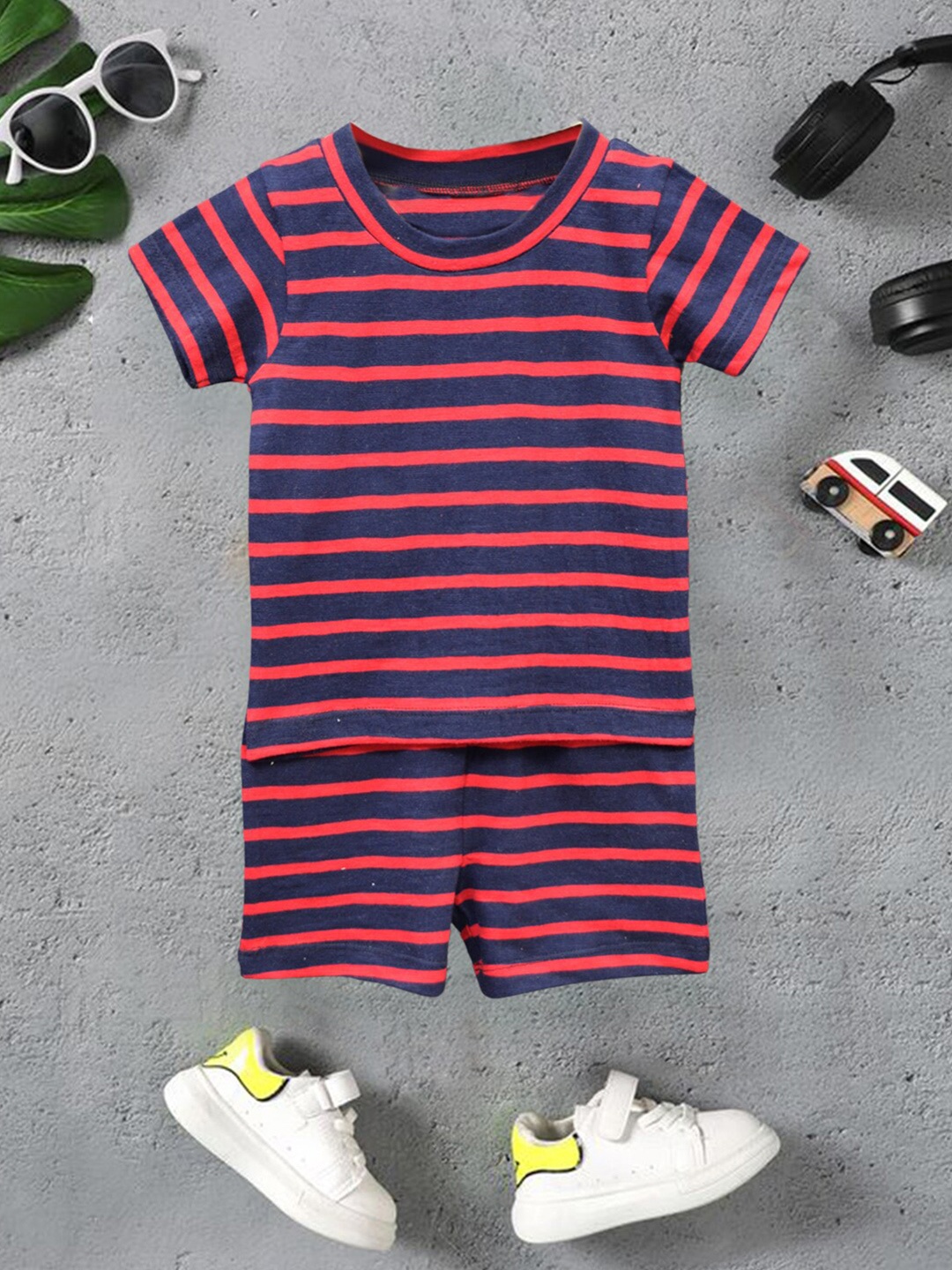 

A.T.U.N. Boys Striped Round Neck Short Sleeves Cotton T-shirt with Shorts, Red