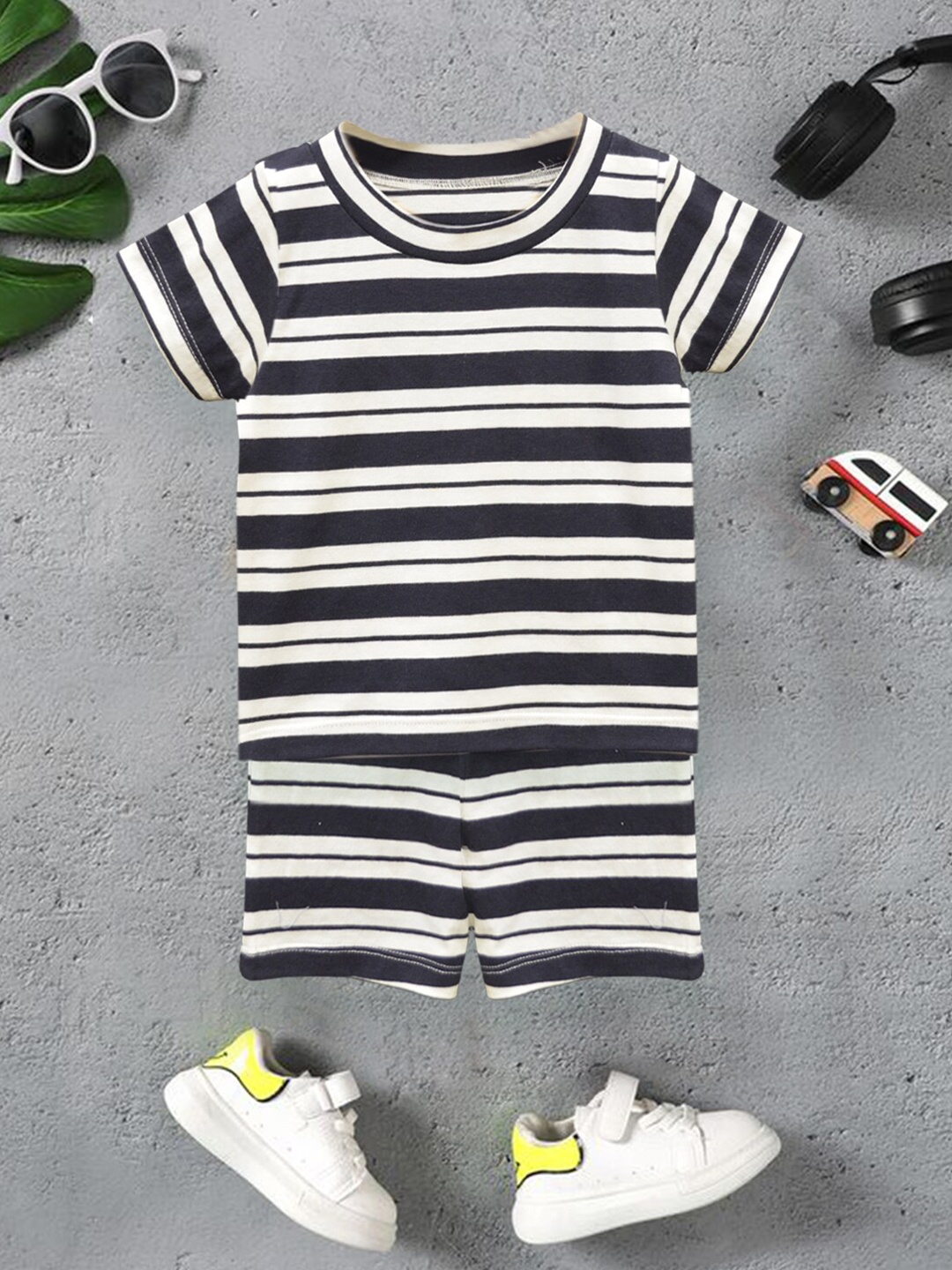 

A.T.U.N. Boys Striped Pure Cotton T-shirt With Shorts, Black