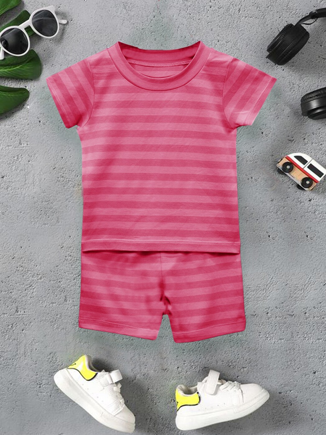 

A.T.U.N. Boys Striped Round Neck Pure Cotton T-shirt With Short, Pink