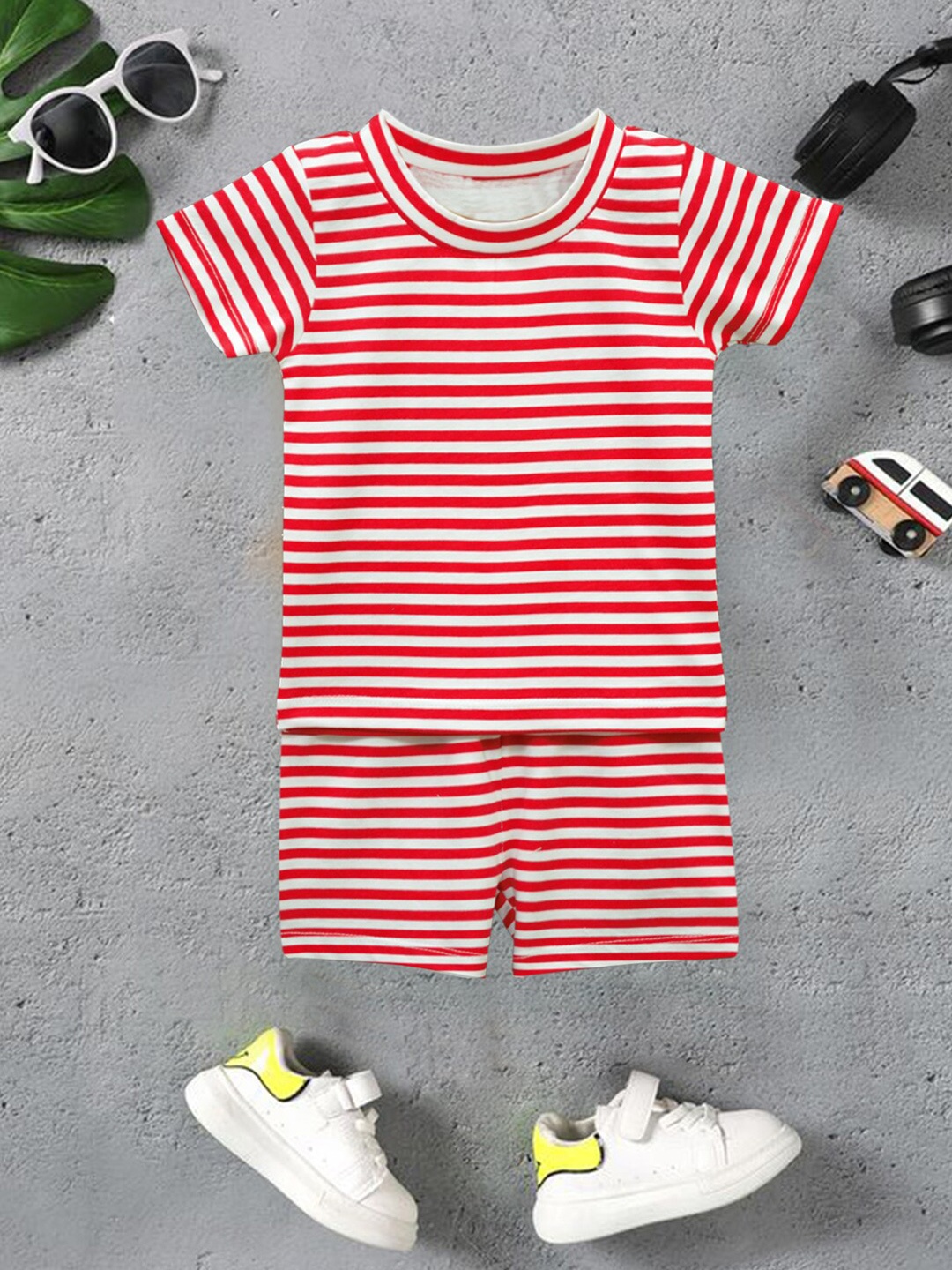 

A.T.U.N. Boys Striped Round Neck Pure Cotton T-shirt With Short, Red