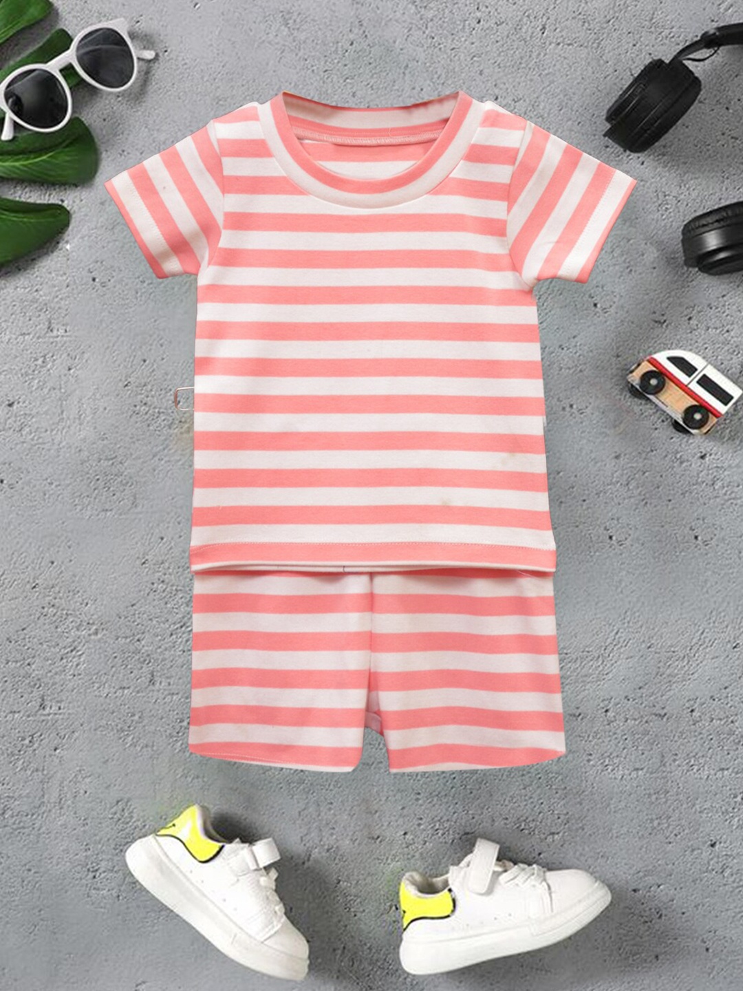 

A.T.U.N. Boys Striped Pure Cotton T-shirt with Shorts, Peach