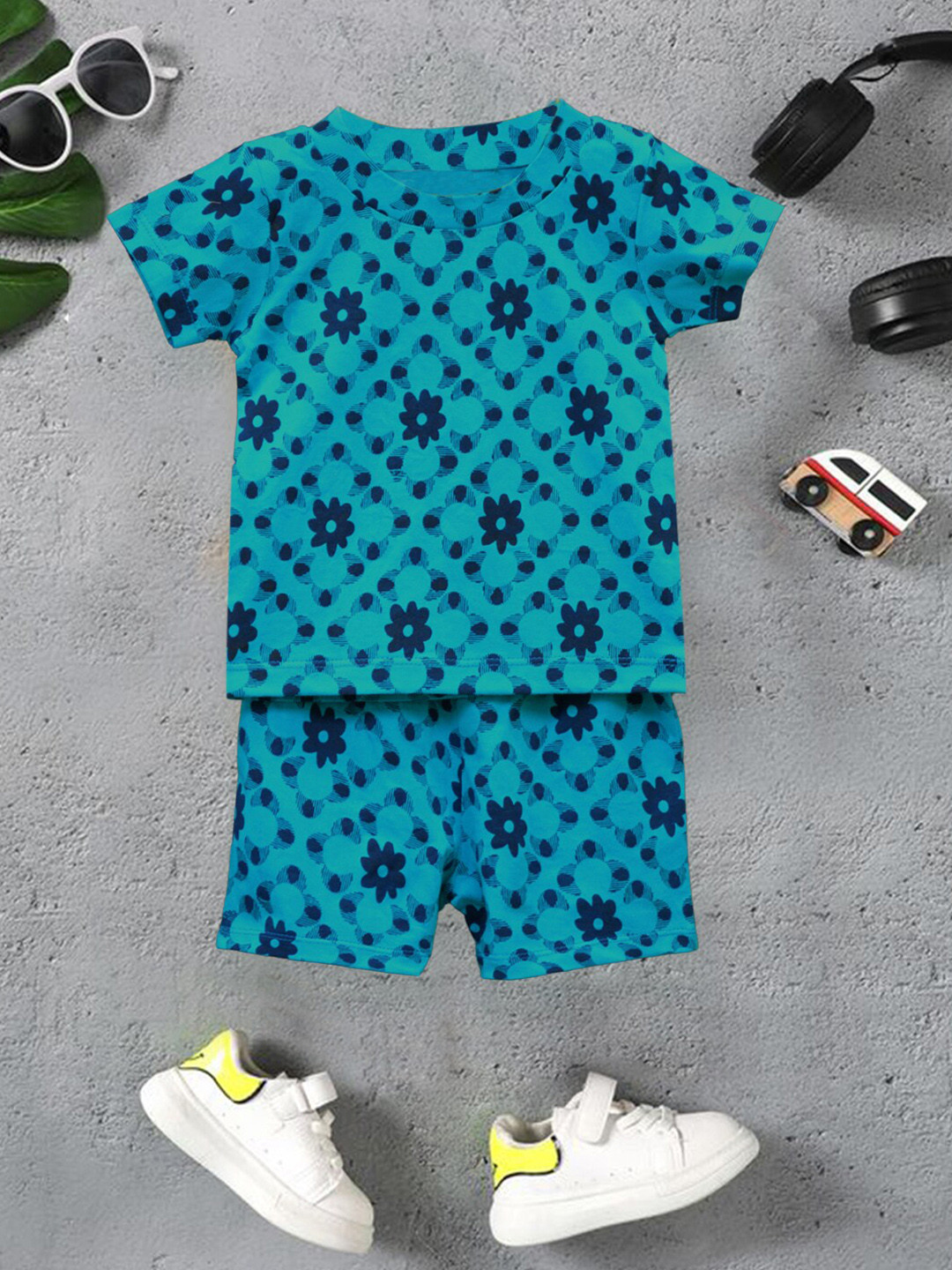 

A.T.U.N. Boys Printed Round Neck Pure Cotton T-shirt With Short, Turquoise blue