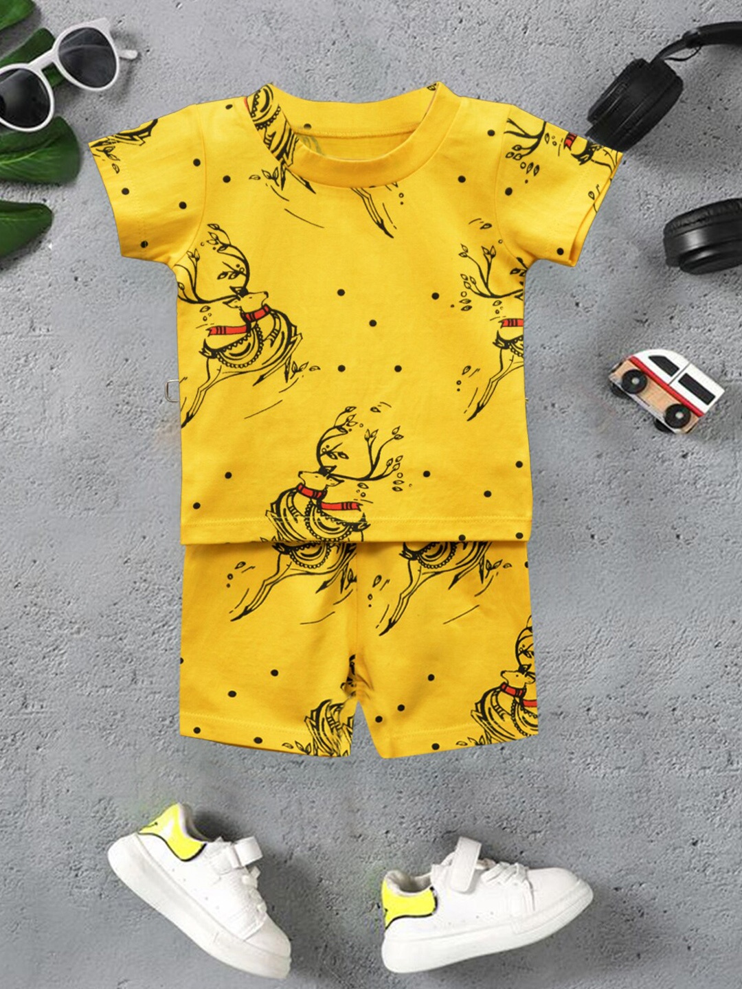 

A.T.U.N. Boys Printed Round Neck Pure Cotton T-shirt With Short, Mustard