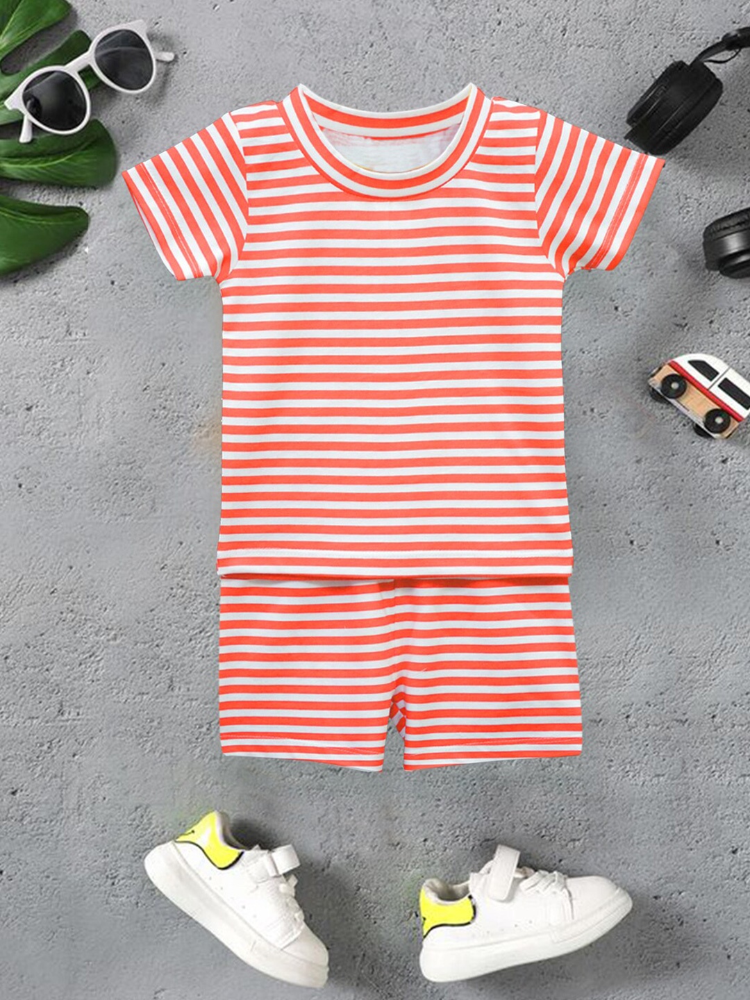 

A.T.U.N. Boys Striped Round Neck Pure Cotton T-shirt With Short, White