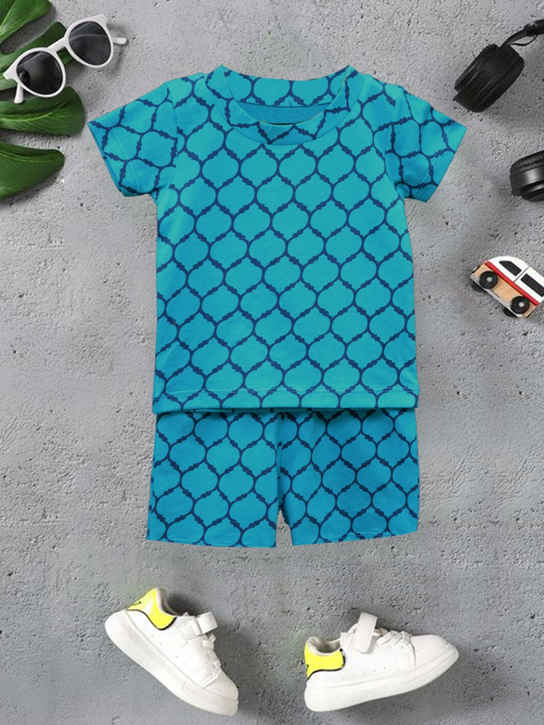 

A.T.U.N. Boys Printed Pure Cotton T-shirt With Shorts, Turquoise blue