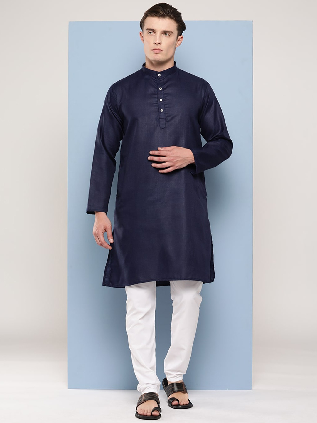 

BAESD Mandarin Collar Pure Cotton Kurta with Pyjamas, Navy blue