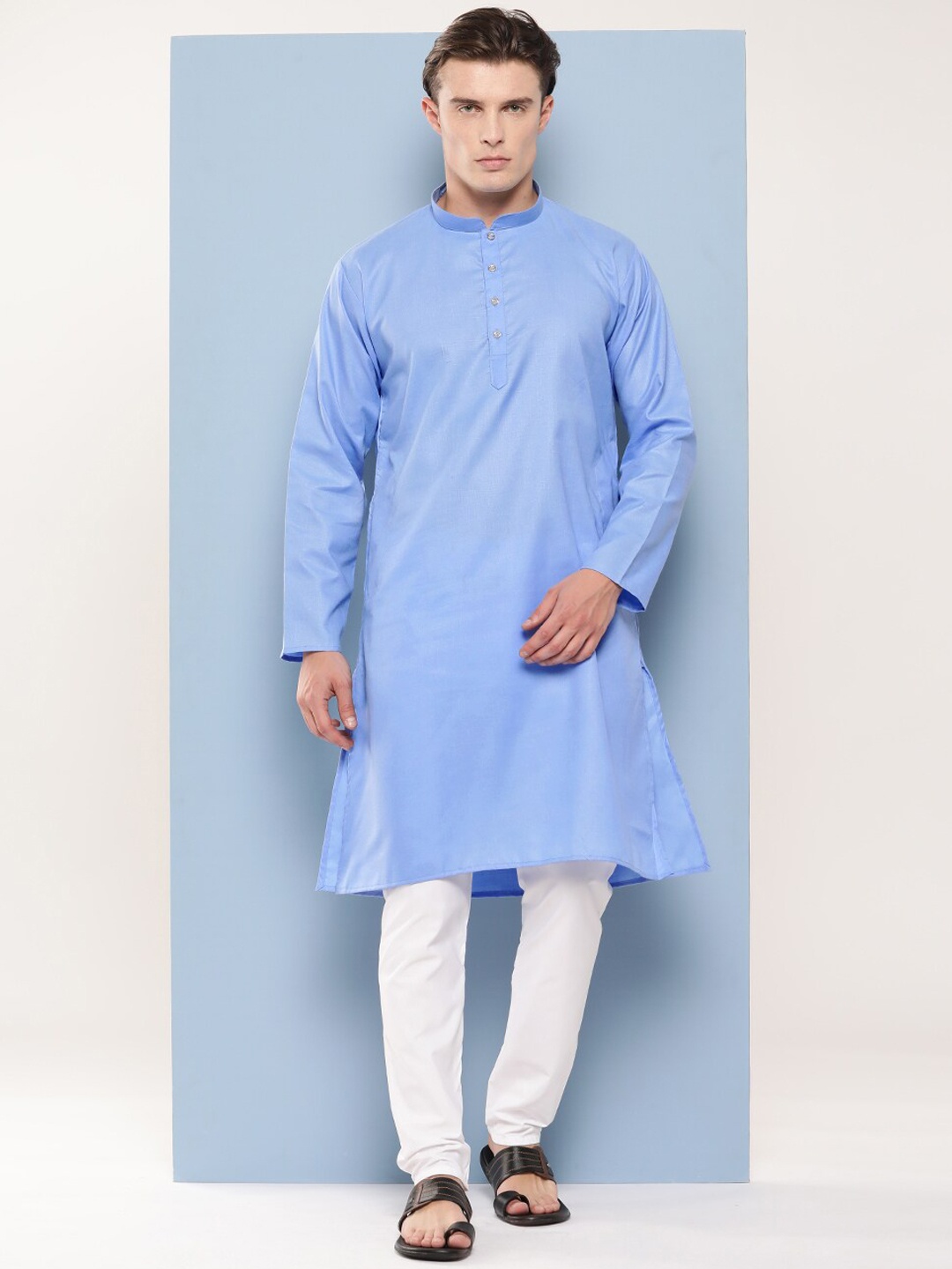

BAESD Solid Mandarin Collar Pure Cotton Kurta with Pyjamas, Turquoise blue