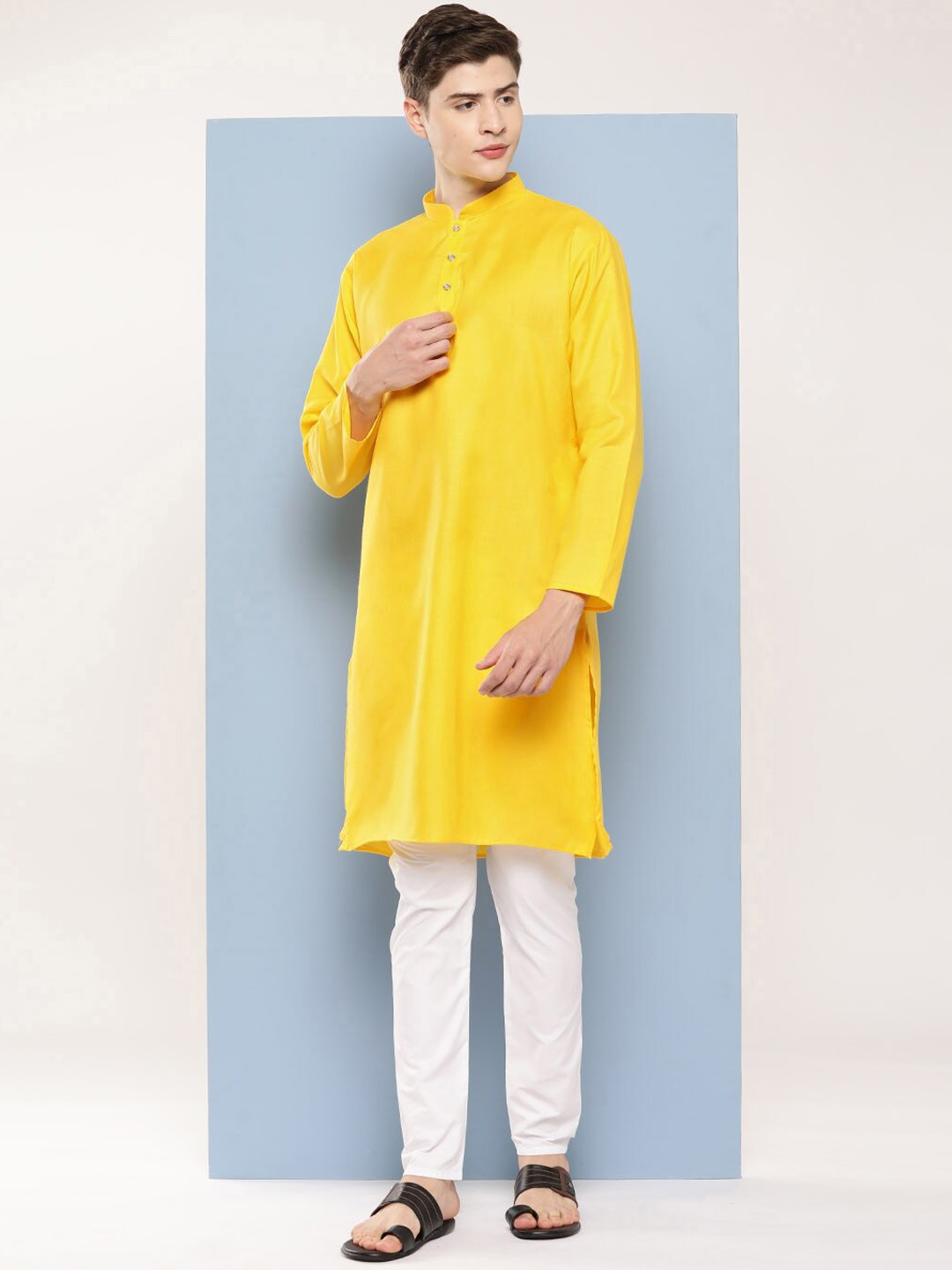 

BAESD Mandarin Collar Long Sleeves Pure Cotton Kurta with Pyjamas, Yellow