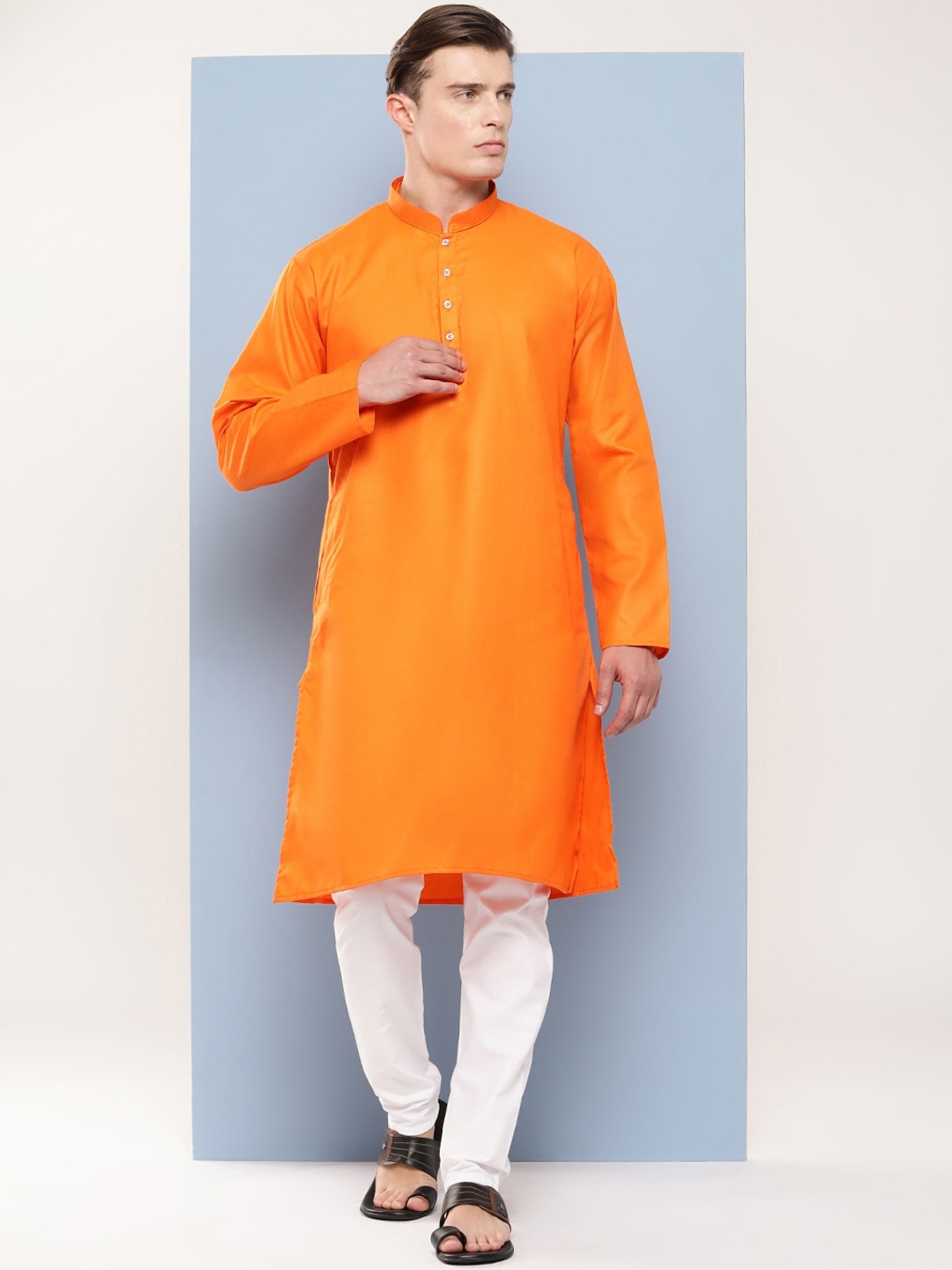 

BAESD Mandarin Collar Long Sleeves Pure Cotton Kurta with Pyjamas, Orange