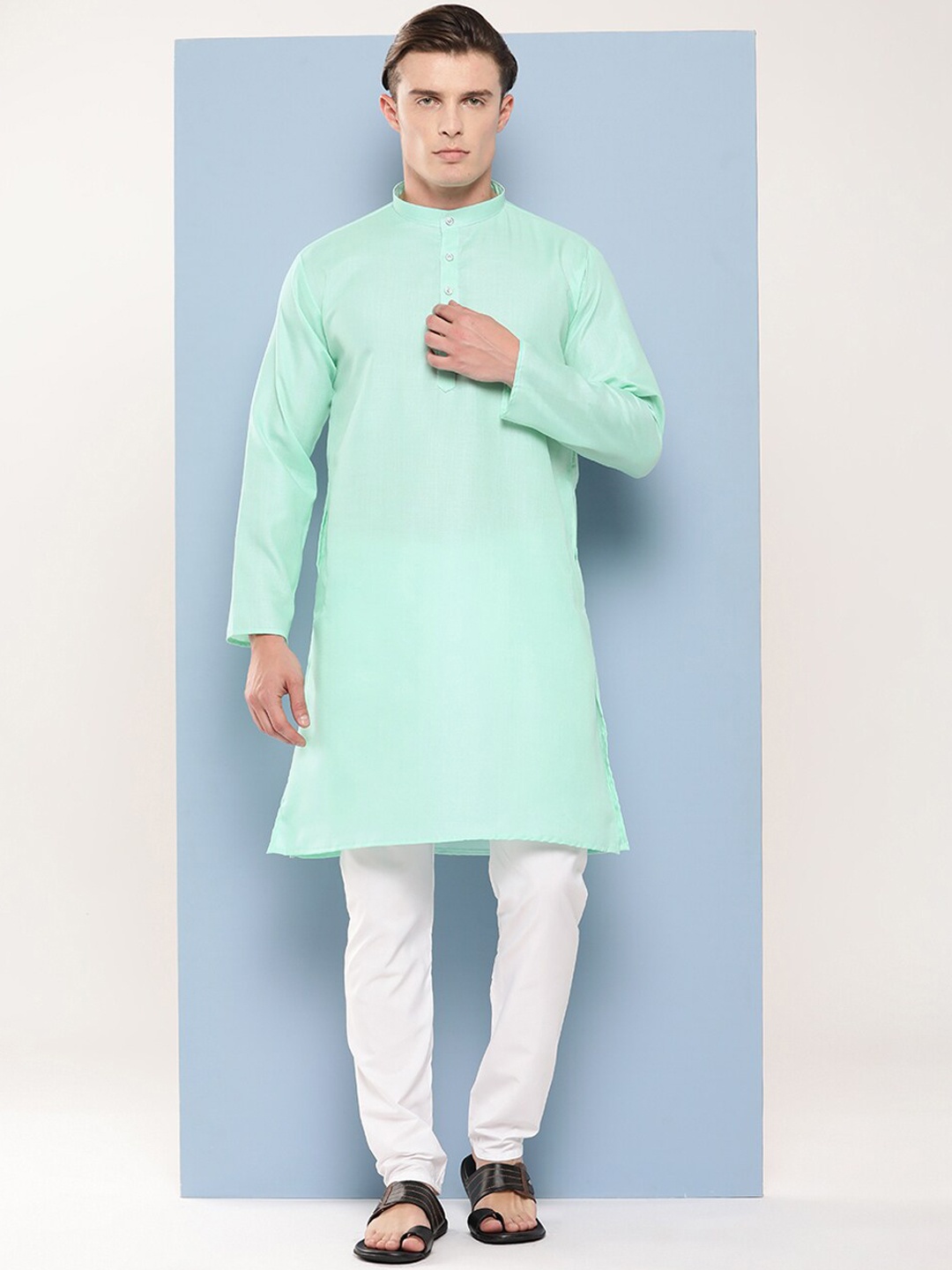 

BAESD Band Collar Long Sleeves Pure Cotton Kurta with Pyjamas, Sea green