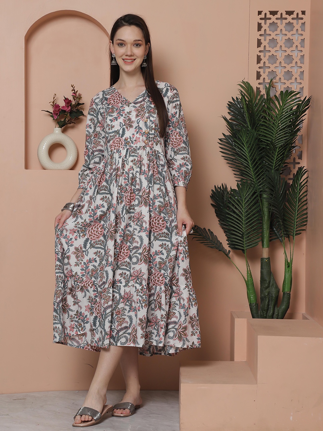 

Rajnandini V Neck Floral Print Maternity A-Line Midi Dress, White