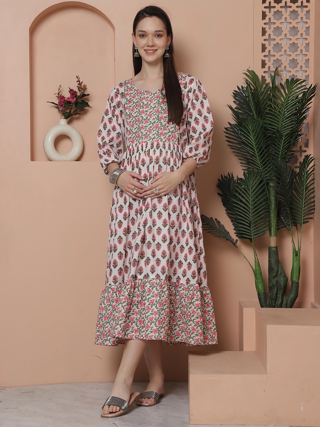 

Rajnandini Round Neck Puff Sleeves Ethnic Motifs Print Maternity A-Line Midi Dress, White