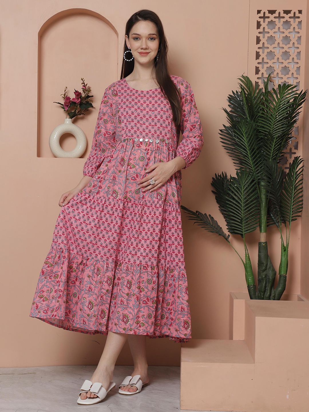 

Rajnandini Round Neck Floral Print Maternity Empire Midi Dress, Pink