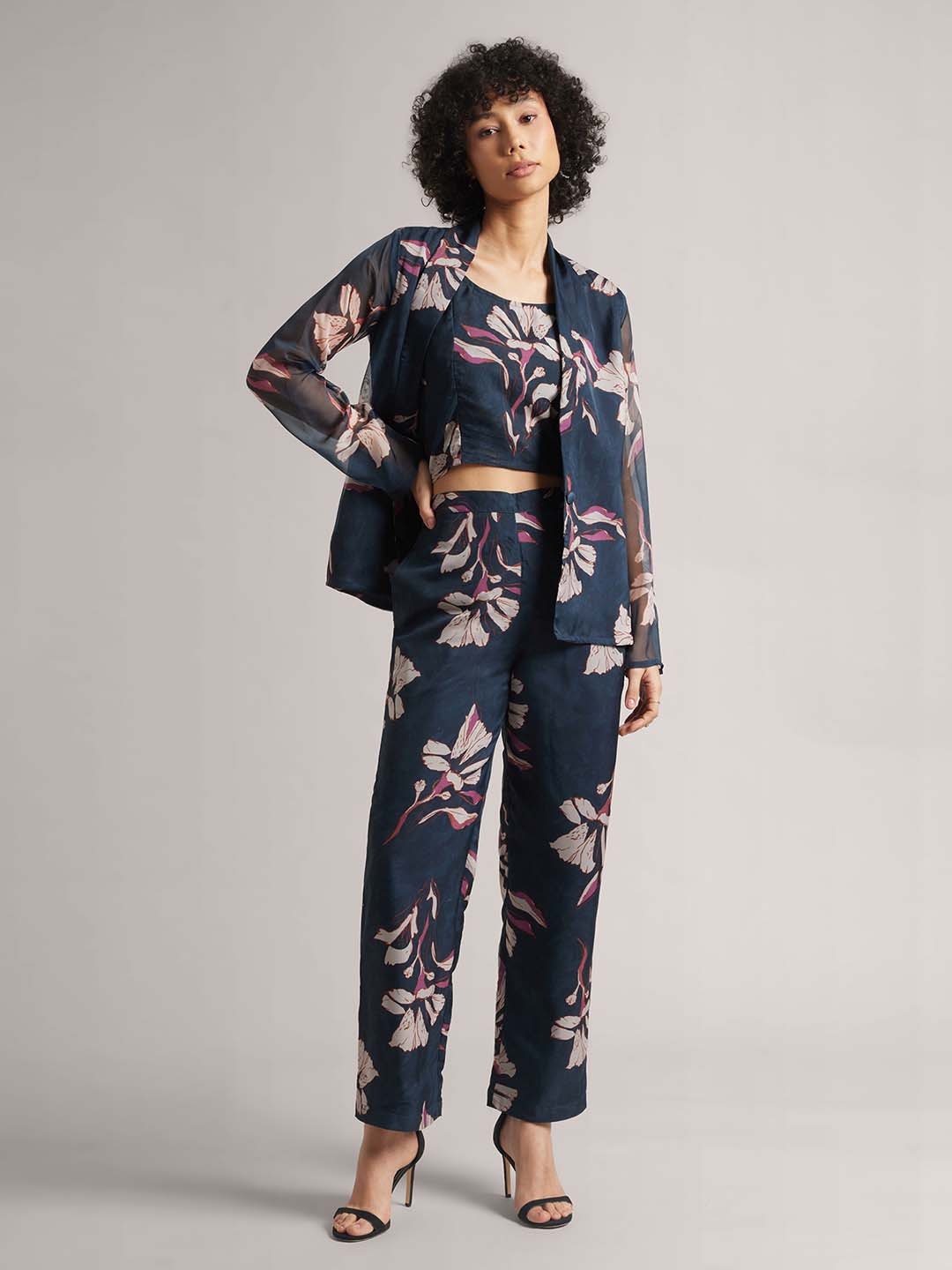 

Zaccai Women's Navy Organza Floral Printed Shoulder Straps Top With Trousers & Blazers, Navy blue