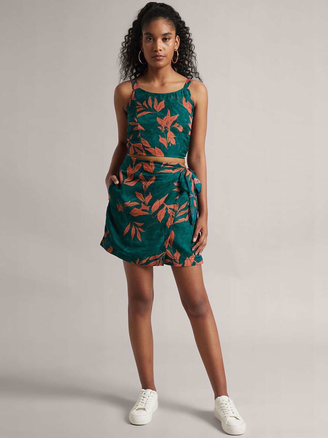 

ZACCAI Floral Printed Smocking Organza Top With Shorts, Teal