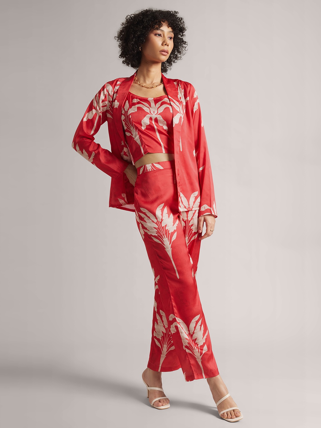 

Zaccai Women's Red Satin Printed Regular Co-ord Set