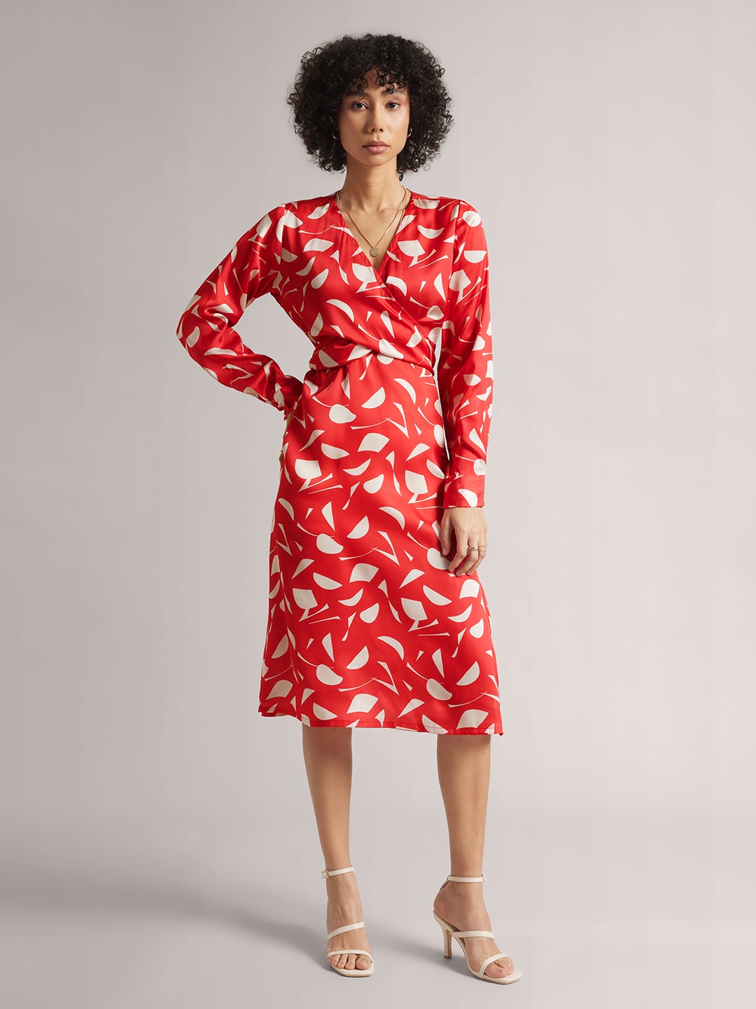 

ZACCAI V-Neck Print Satin Midi Wrap Dress, Red