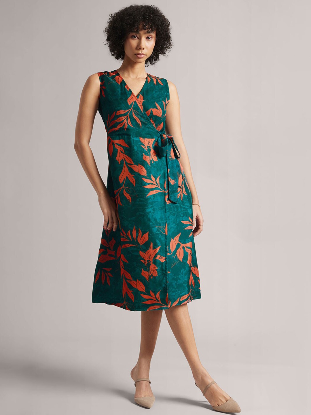 

Zaccai Women's Teal Green Organza Tropical Printed Wrap Dress