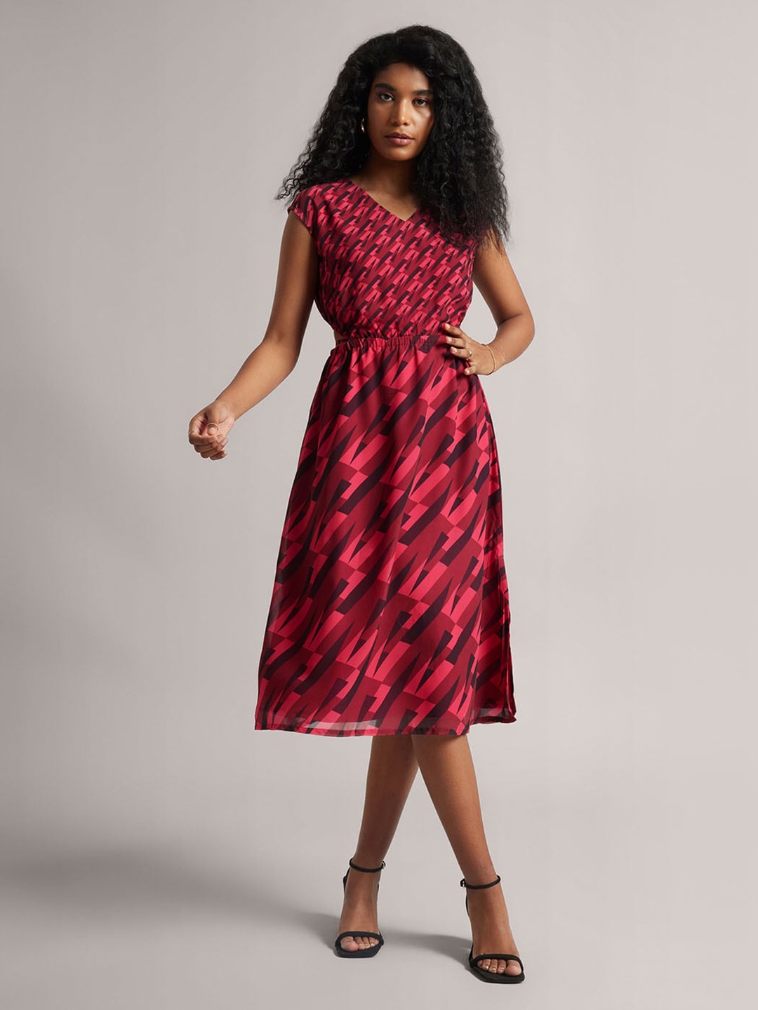 

ZACCAI Printed Georgette Fit & Flare Midi Dress, Pink