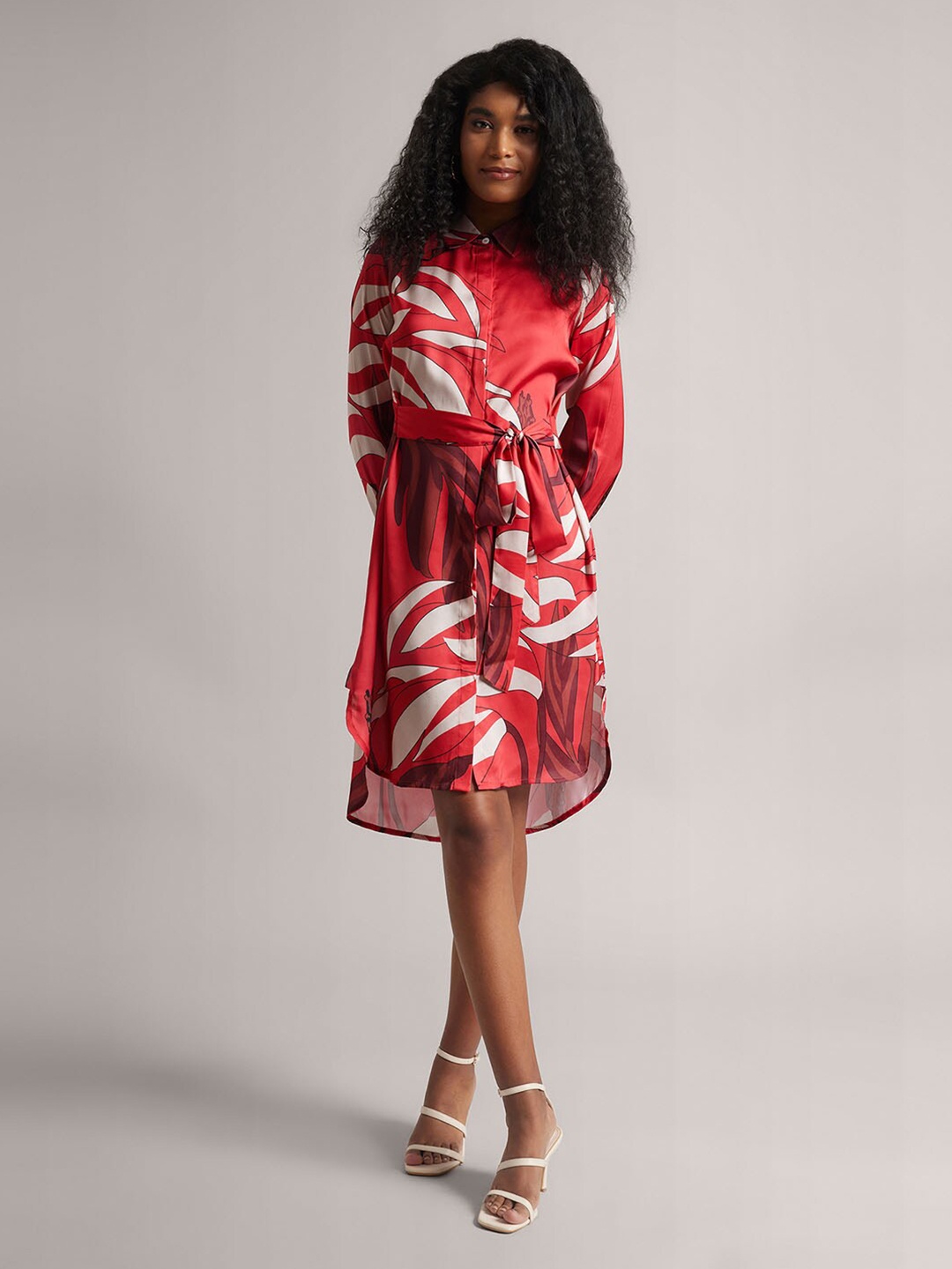 

ZACCAI Abstract Printed Cuffed Sleeves Satin Shirt Dress, Red