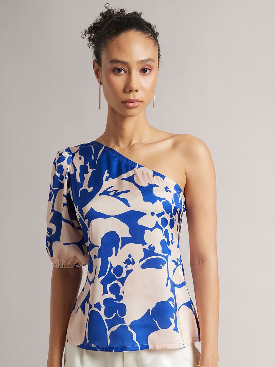 

ZACCAI Floral Printed One Shoulder Puff Sleeves Satin Top, Blue
