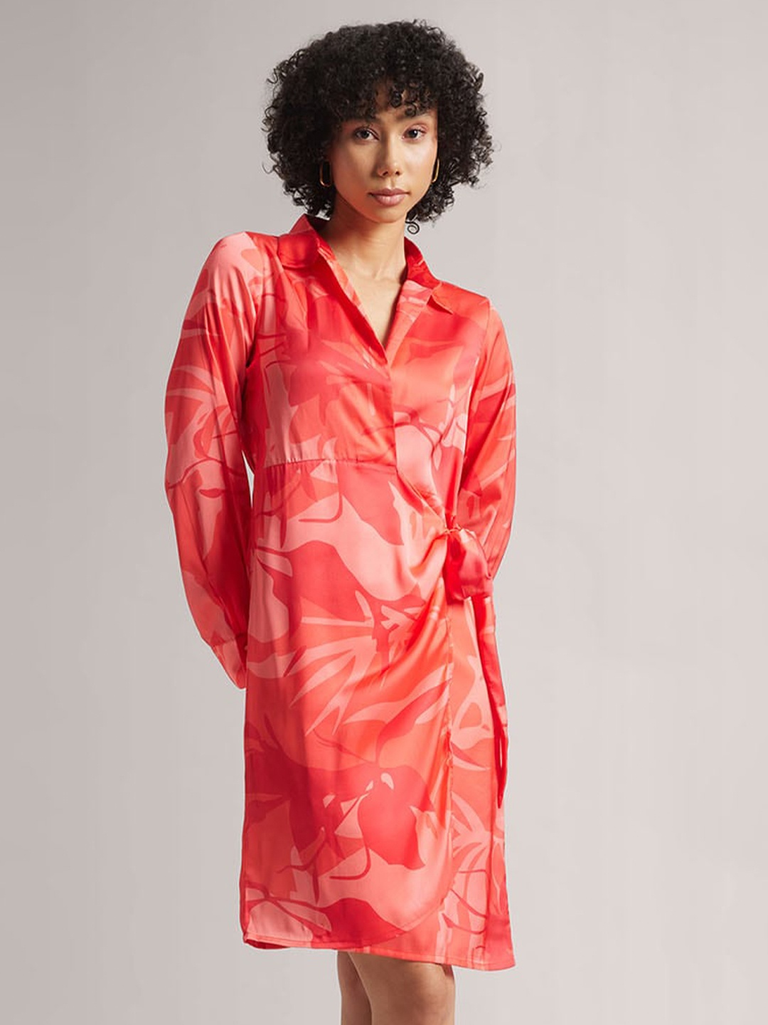 

ZACCAI Floral Printed Shirt Collar Satin A-Line Dress, Coral