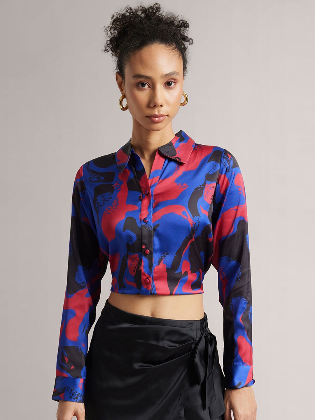 

ZACCAI Floral Printed Satin Shirt Style Crop Top, Blue