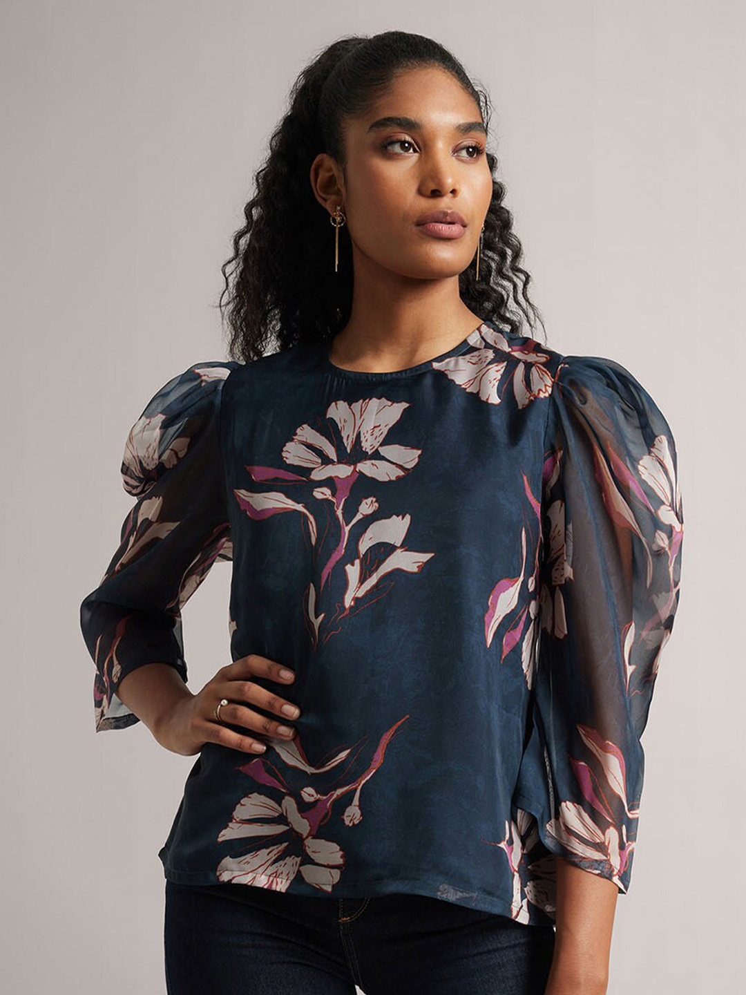 

Zaccai Women's Navy Blue Organza Floral Printed Regular Top
