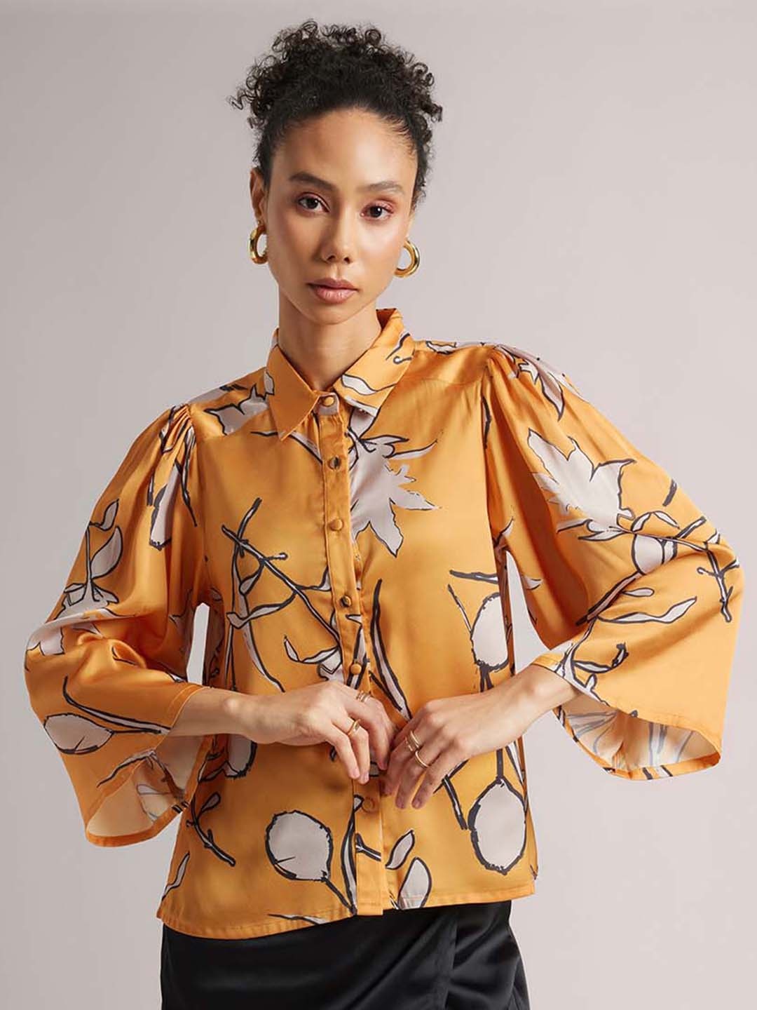 

ZACCAI Floral Printed Puff Sleeves Satin Shirt Style Top, Mustard