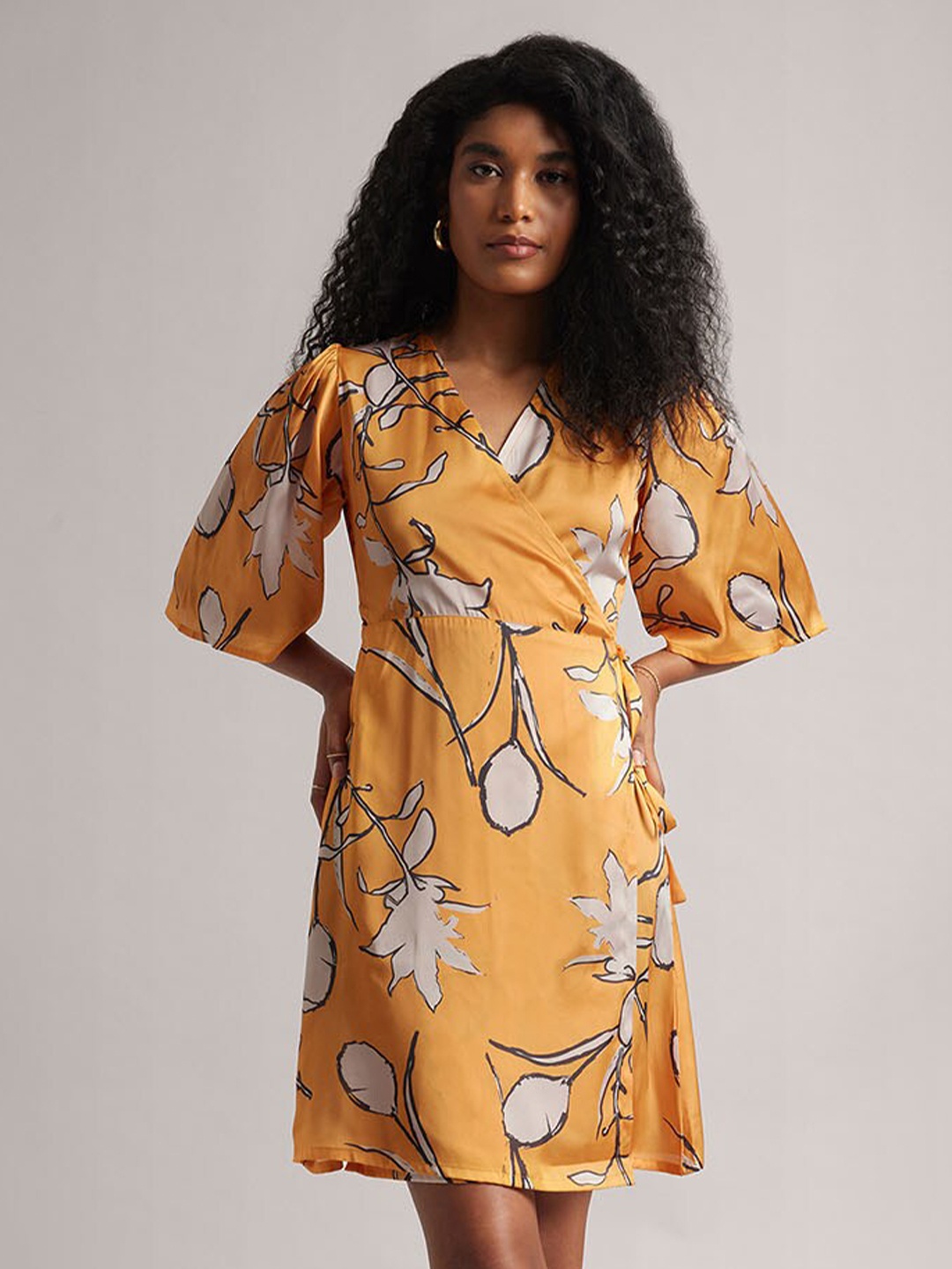 

Zaccai Women's Mustard Satin Floral Wrap Mini Dress