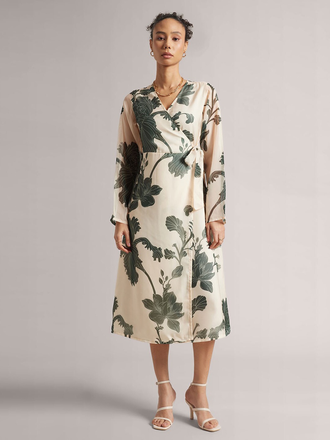 

Zaccai Women's Organza Floral Printed Wrap Midi Dress, Cream