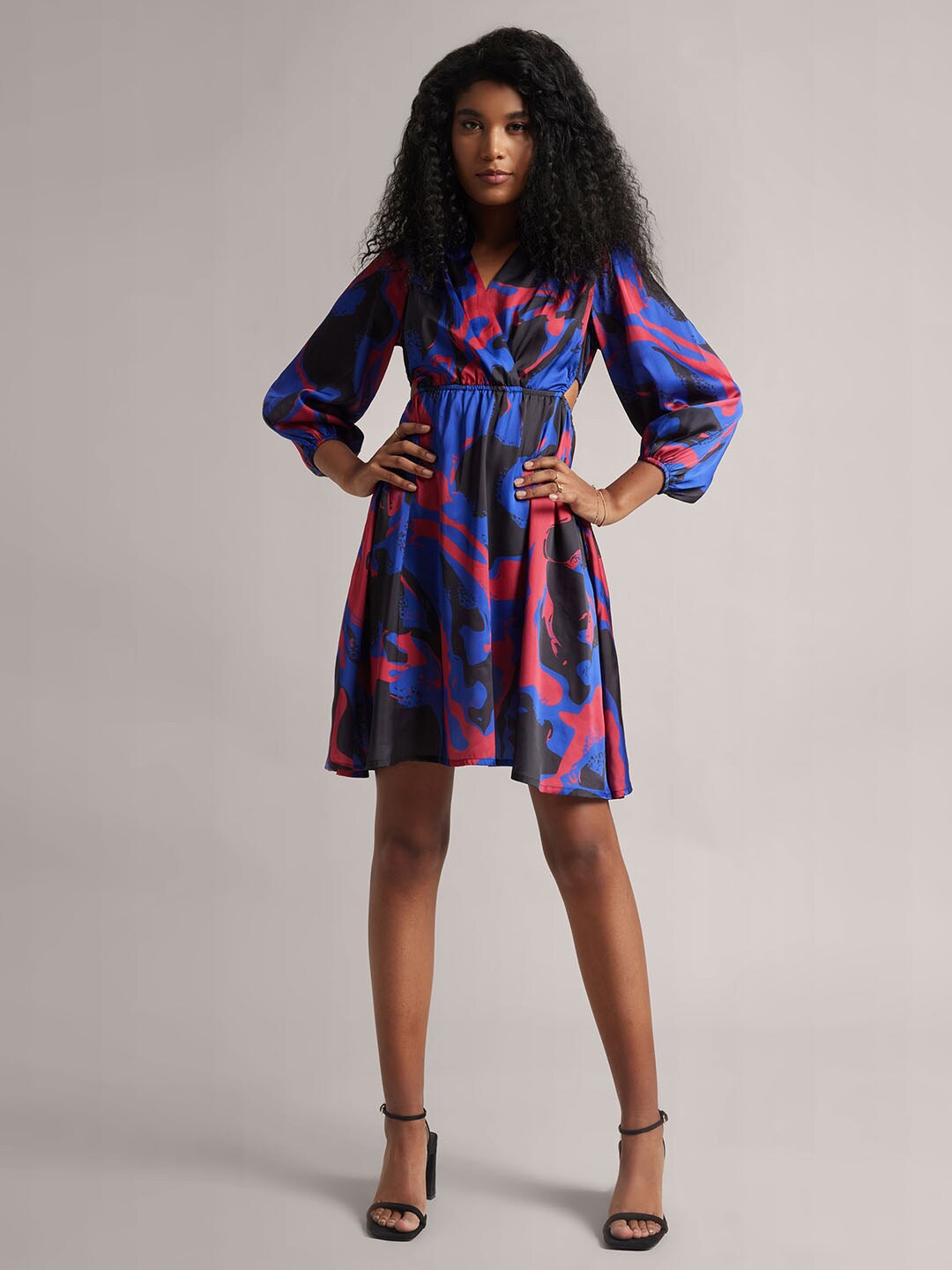 

ZACCAI Abstract Print Satin Fit & Flare Side Cut-Out Dress, Blue