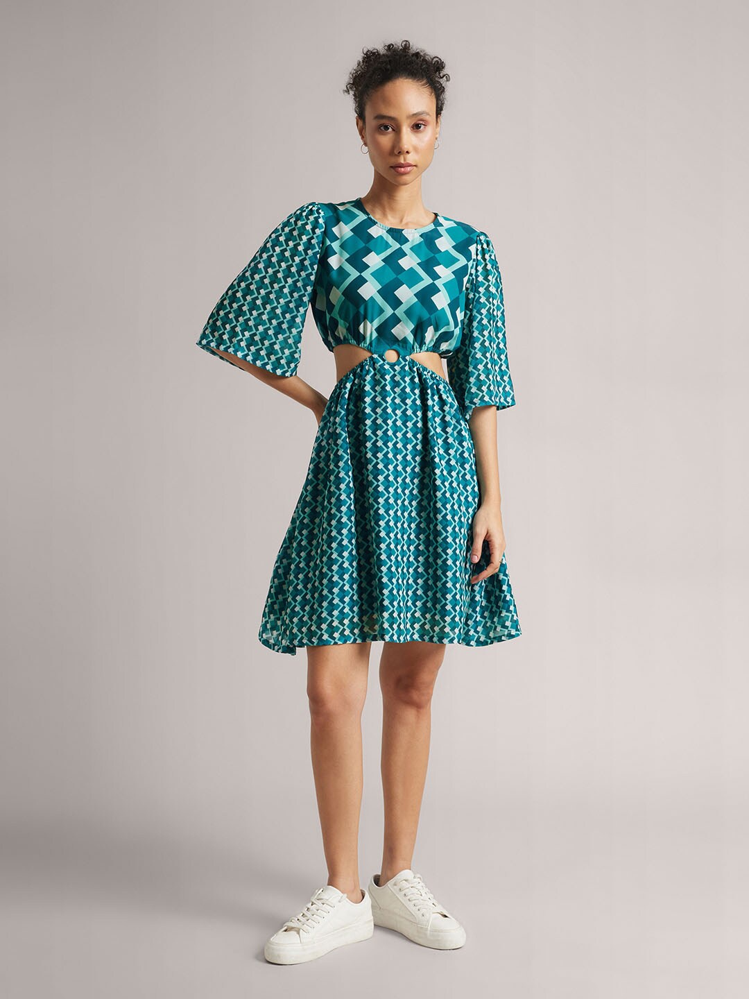 

ZACCAI Geometric Printed Georgette Fit & Flare Dress, Teal