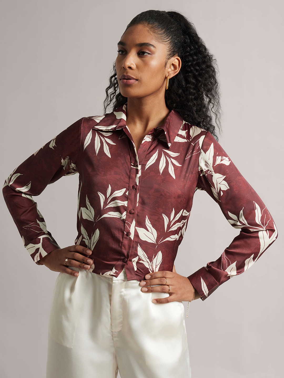

ZACCAI Floral Printed Satin Shirt Style Top, Brown