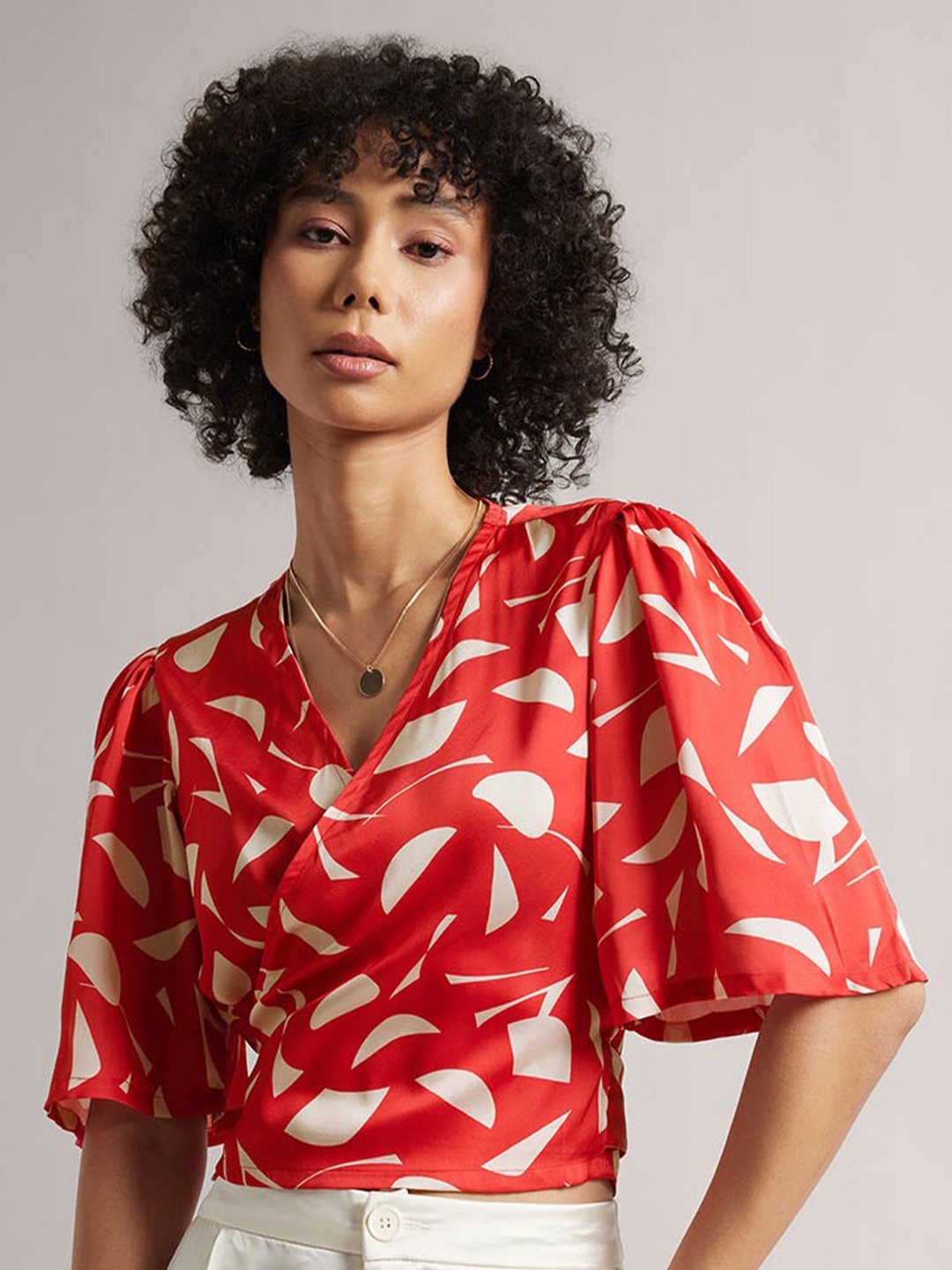 

ZACCAI Abstract Printed Flared Sleeves Satin Wrap Top, Red