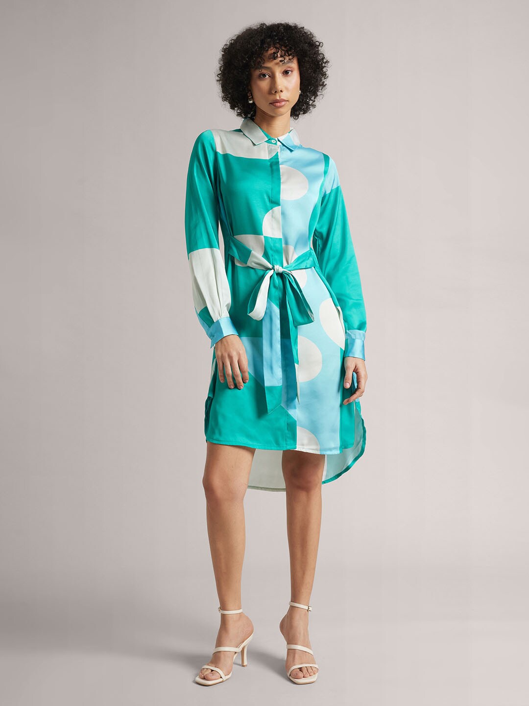 

ZACCAI Abstract Printed Cuffed Sleeves Satin Shirt Dress, Green