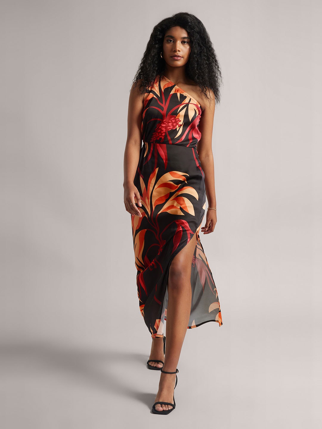 

ZACCAI Tropical Print One-Shoulder Satin Maxi Dress, Black