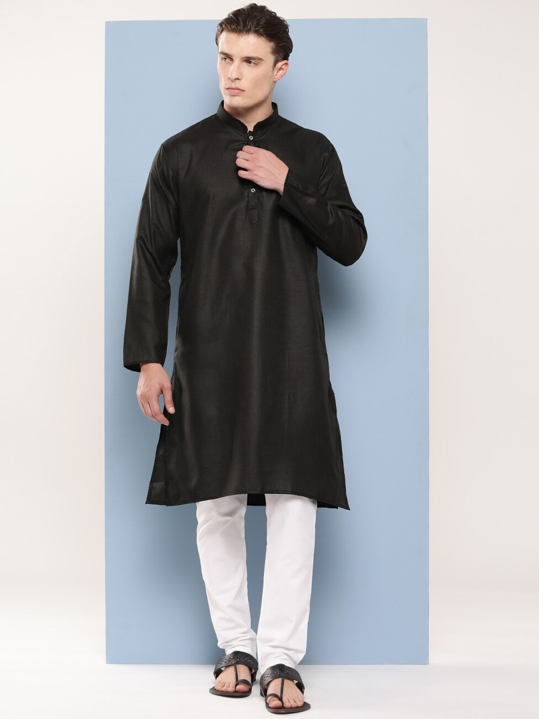 

BAESD Mandarin Collar Regular Cotton Straight Kurta, Black