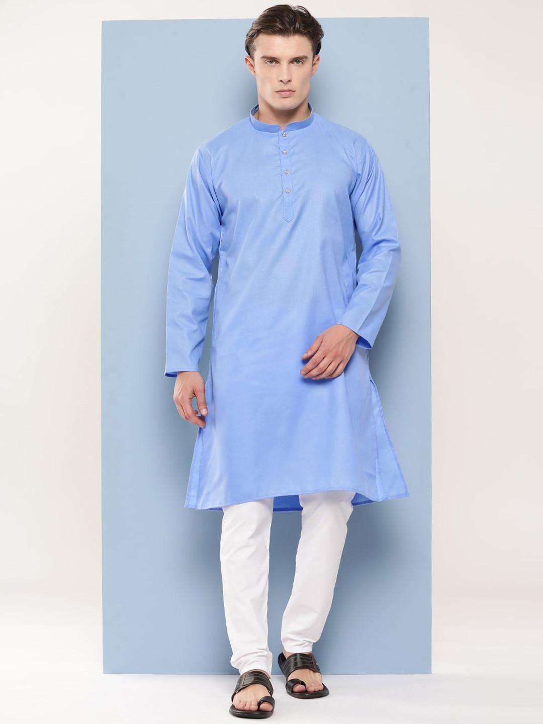 

BAESD Mandarin Collar Cotton Straight Kurta, Turquoise blue