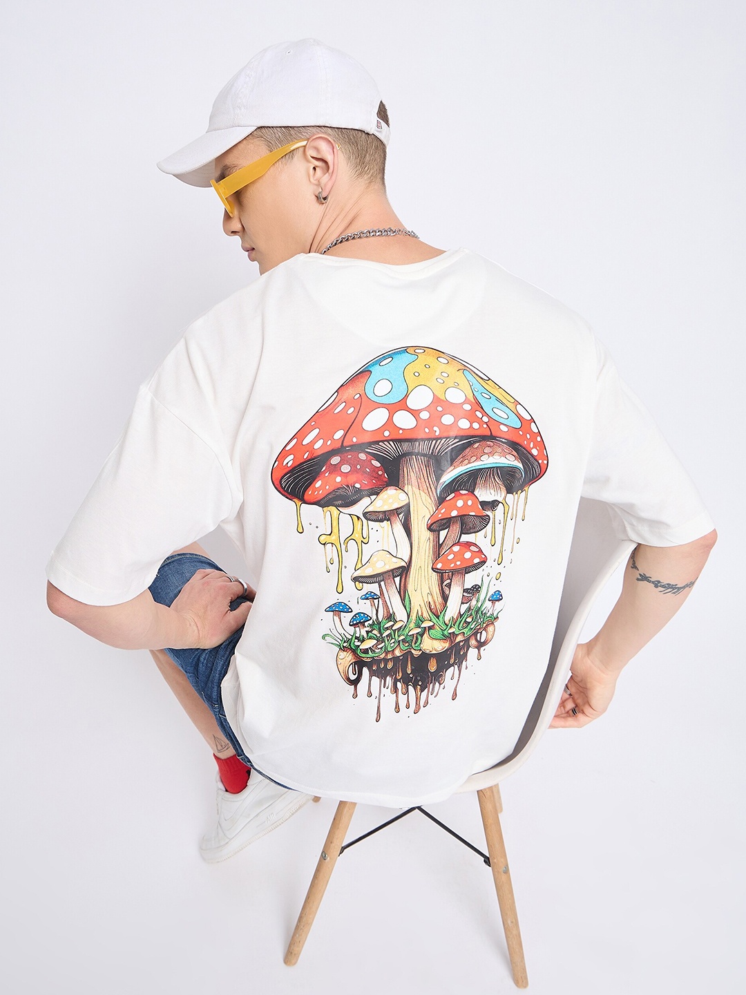 

Mast & Harbour Graphic Printed Drop Shoulder Pure Cotton Oversized T-shirt, White