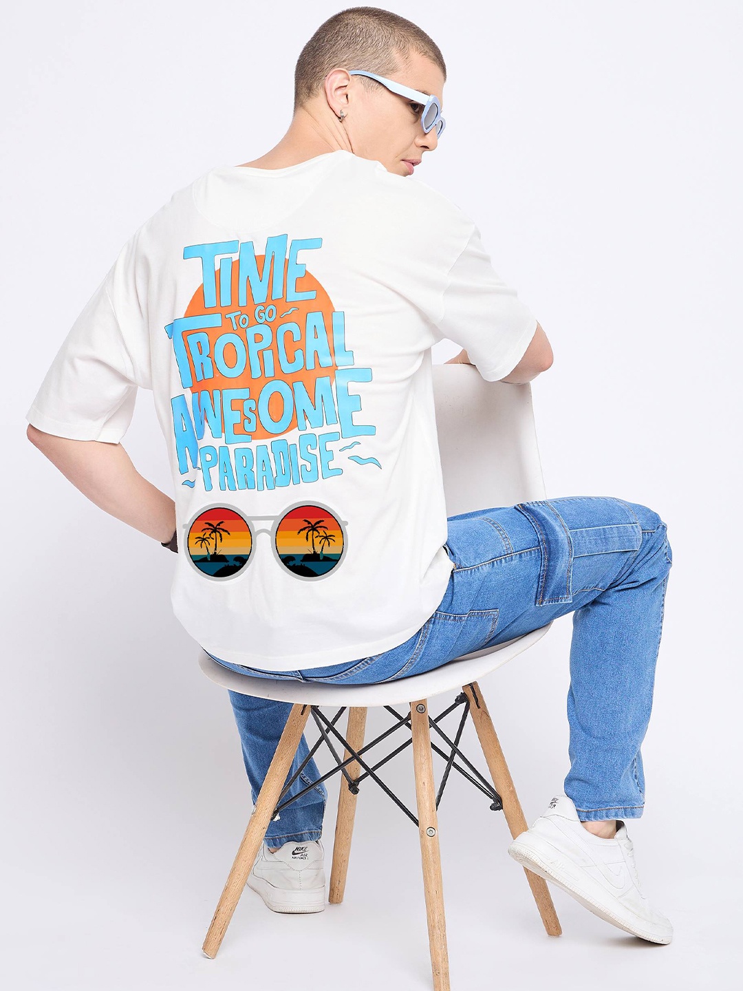 

Mast & Harbour White Typography Printed Drop-Shoulder Sleeves Cotton Oversized T-shirt