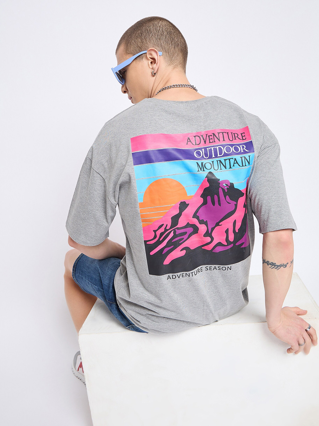

Mast & Harbour Grey Graphic Printed Drop-Shoulder Sleeves Cotton Casual Oversized T-shirt