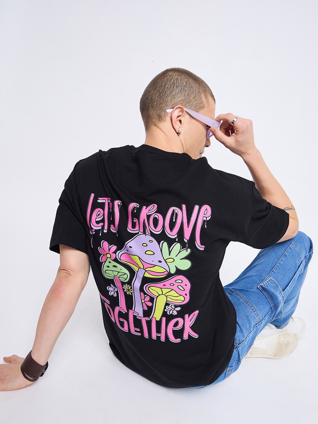 Mast & Harbour Graphic Printed Pure Cotton Oversized T-shirt, Black