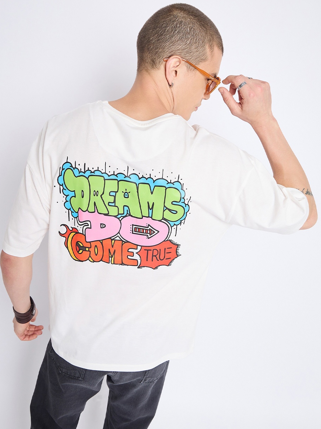 

Mast & Harbour Typography Printed Drop Shoulder Pure Cotton Oversized T-shirt, White