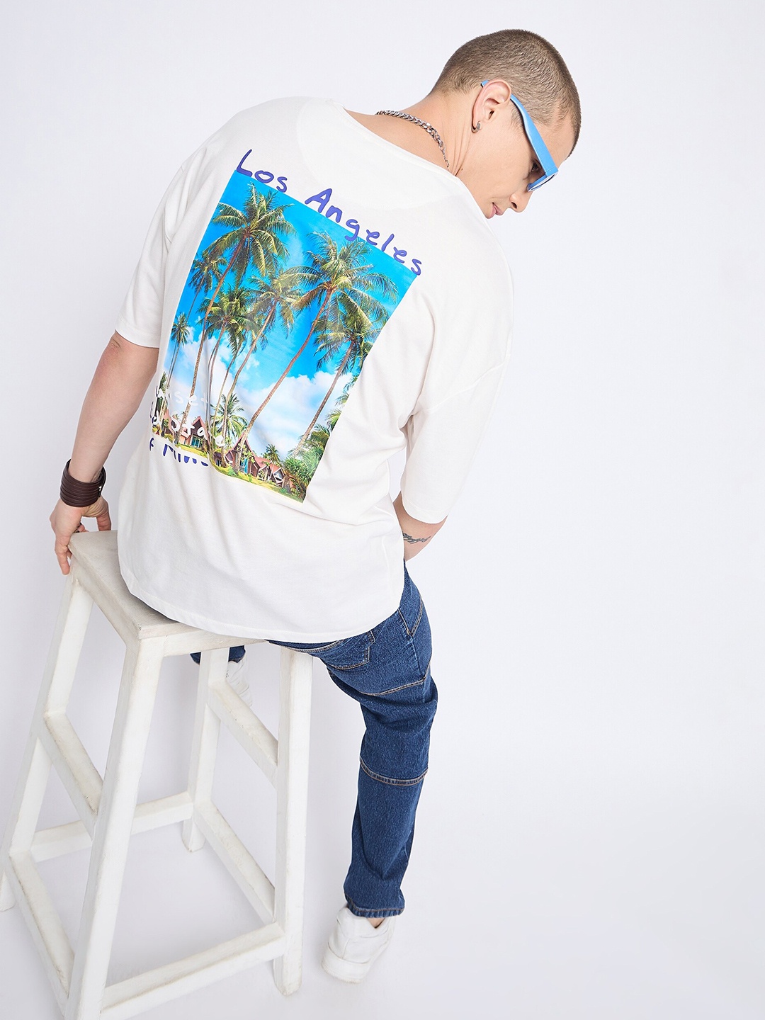 

Mast & Harbour Graphic Printed Drop Shoulder Pure Cotton Oversized T-shirt, White