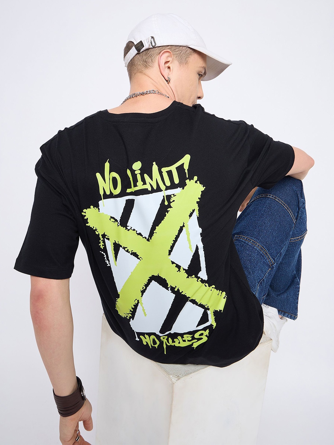 

Mast & Harbour Oversized Typography Printed Drop-Shoulder Sleeves Pure Cotton T-shirt, Black