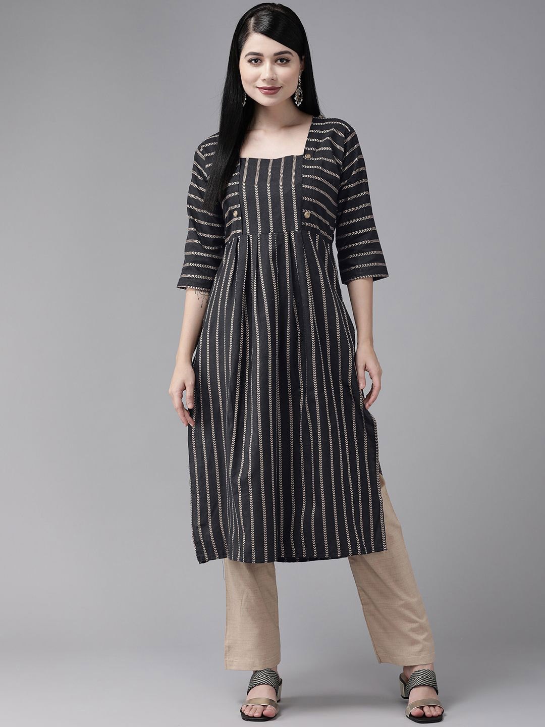 

BAESD Striped Square Neck Pure Cotton Kurta with Trousers, Black